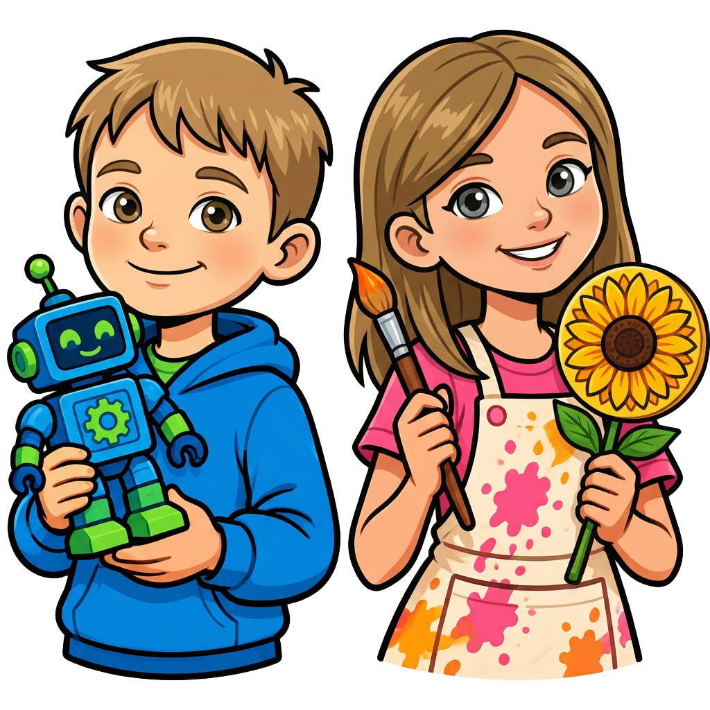 Illustration of Eli with a robot and Zara with a paintbrush and sunflower wall plaque